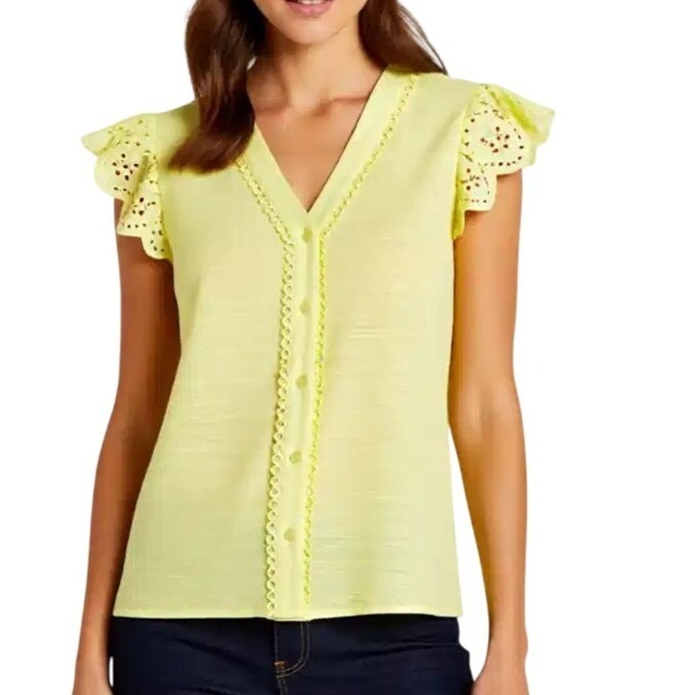 Adrianna Papell $79 Yellow Eyelet Flutter Sleeve Button Front VNeck Blouse S NWT